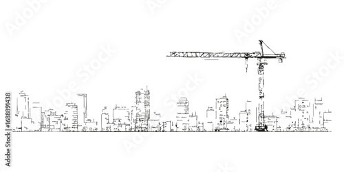 City Skyline With Construction Crane Sketch. Urban Development And Growth Concept. Isolated Vector Illustration