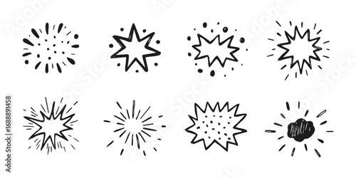 Hand-Drawn Comic Explosion Elements Set. Dynamic Expression And Impact Collection. Isolated Vector Illustration