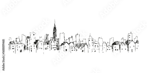 Hand-Drawn Urban Skyline Illustration. Artistic Cityscape Sketch. Isolated Vector Illustration