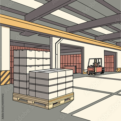 Warehouse Interior with Pallets and Forklift