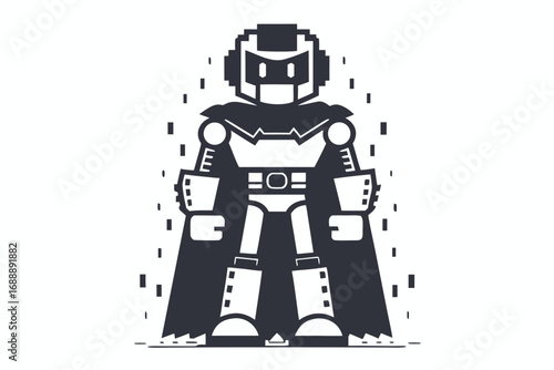 Isolated Hero Robot on White Background Featuring Pixelated Design