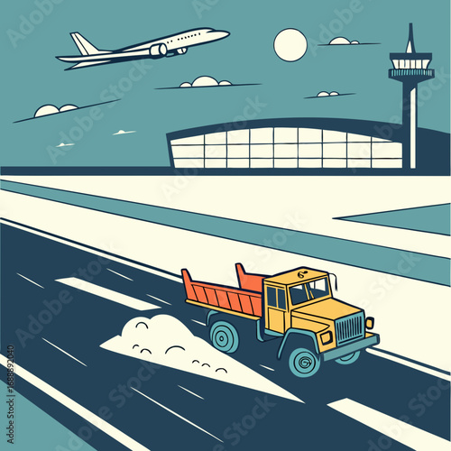 Yellow Snowplow Truck Clearing Runway at Night Airport