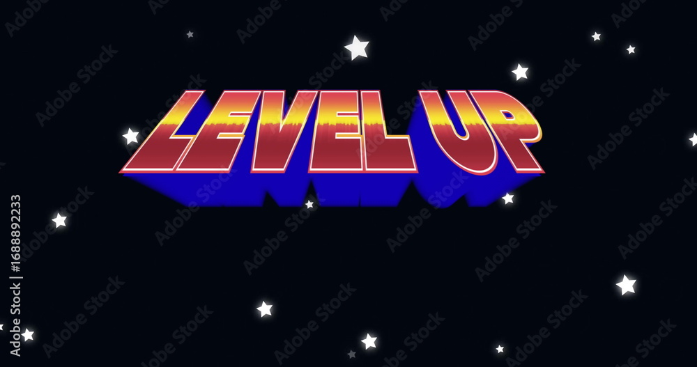 Fototapeta premium Featuring bold 3D LEVEL UP letters floating in cosmic backdrop, with scattered white stars