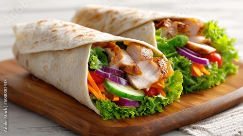 Fresh chicken wrap with lettuce, cucumber, carrot and red onion on wooden board, white background, healthy food photography