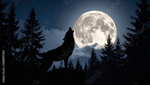 Wallpaper Mural Silhouette of a wolf howling at a bright full moon against a dark night sky backdrop with pine trees, evoking a sense of wilderness and mystery Torontodigital.ca