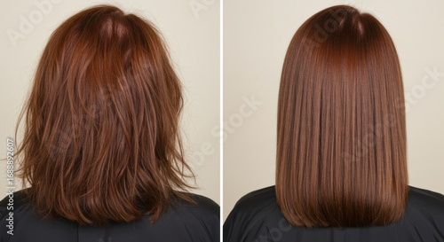 Before and after hair straightening treatment showing frizzy and sleek hair.