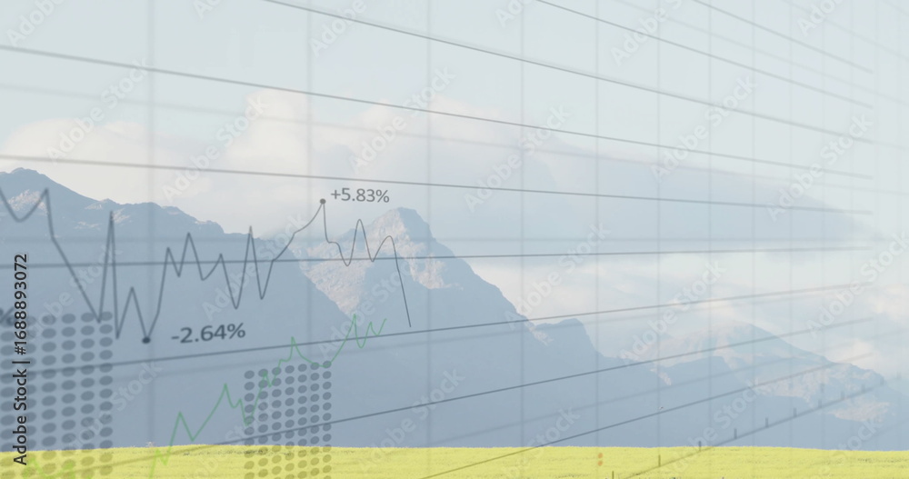 Obraz premium Translucent grid overlaying mountain meadow, tracing black and green graphs with -2