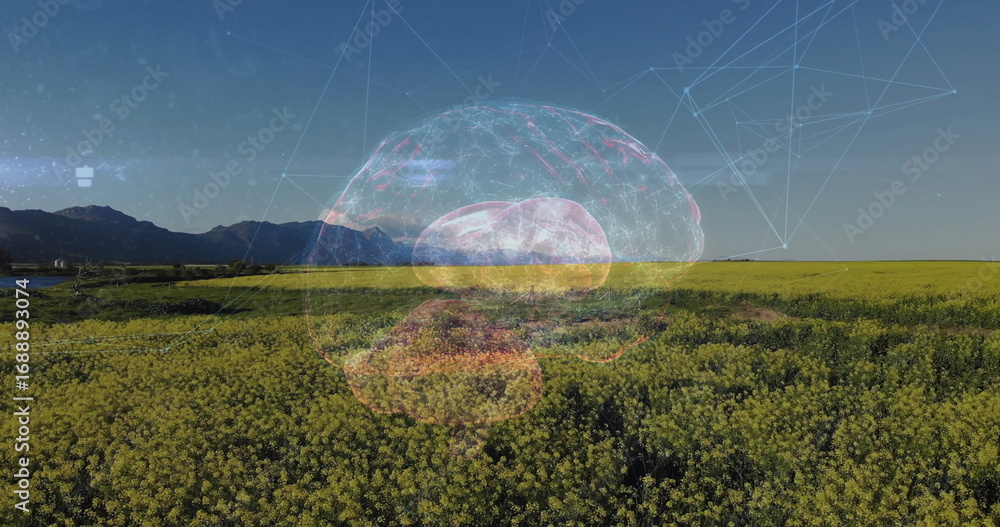 Fototapeta premium 3D brain graphic sending glowing neural network lines across yellow flowering field, mountain ridge
