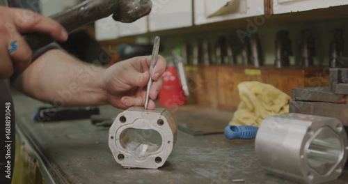 Striking machined aluminum block on metal workshop bench by worker's hands, with hammer and chisel