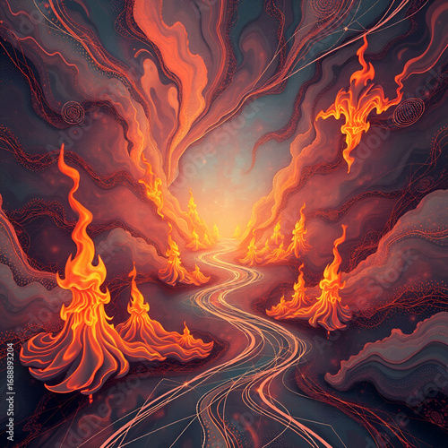 Delve into an ethereal dreamscape where abstract patterns meld with the hypnotic dance of flames