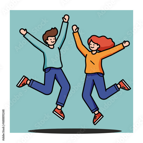 Joyful Couple Jumping, Celebrating Success, Cartoon Illustration
