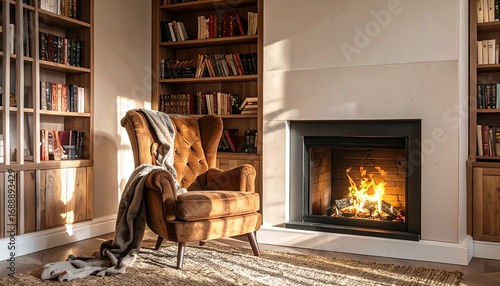Cozy reading nook with fireplace