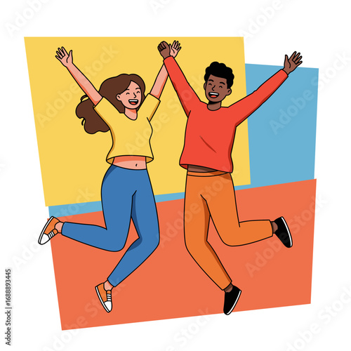 Joyful Diverse Couple Jumping with Raised Hands Against Colorful Geometric Background