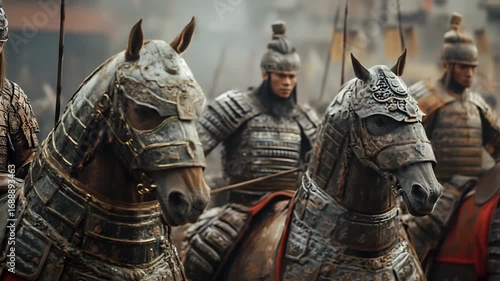 An ancient Chinese battlefield with warriors and horses 