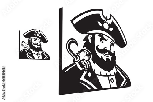 Jolly Pirate Captain with Parrot Hook Hand Design on White Background