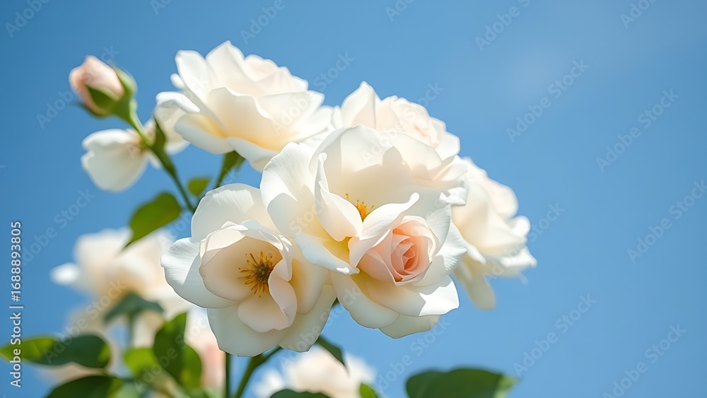 Fototapeta premium Delicate white roses blooming gracefully under a clear blue sky with gentle sunlight.