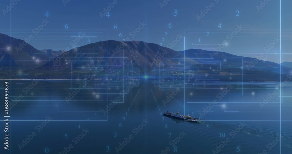 Fototapeta premium Gliding cargo vessel crossing lake water, with numbered nodes, interface panels, copy space