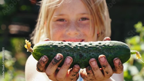 Happy child shows off a fresh cucumber from the garden harvest