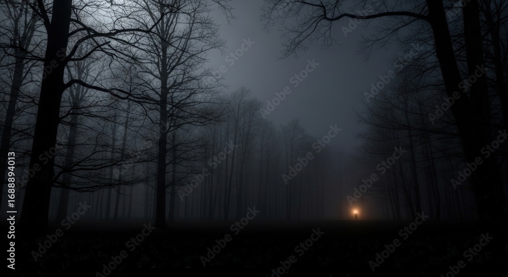 Naklejka premium Eerie forest path with glowing light at the end evokes mystery and suspense for creative projects