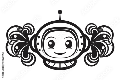 Line art Cartoon Astronaut in Space Helmet with Abstract Decorative Pattern