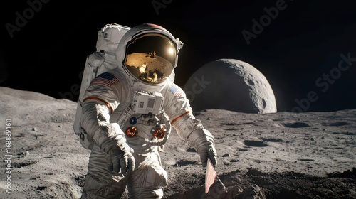 Astronaut conquering lunar surface with flag a triumphant stride on the moonscape