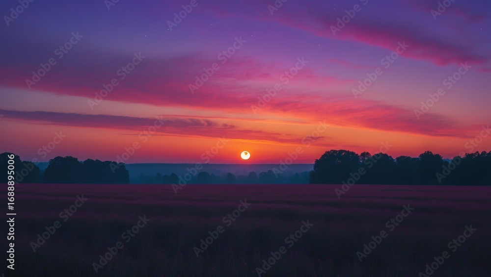 Obraz premium Sunset over a landscape with the sun near the horizon and colorful sky with shades of pink and purple.