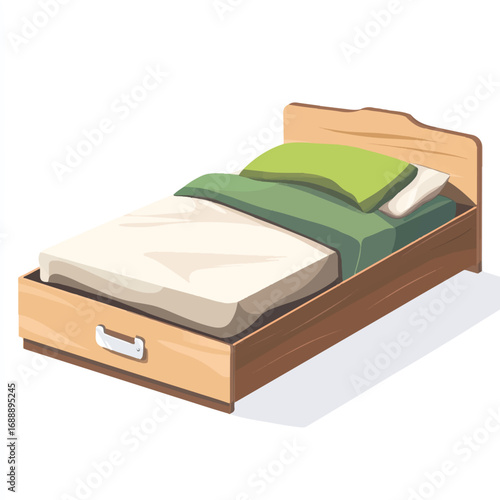 A wooden bed with a drawer and green bedding.