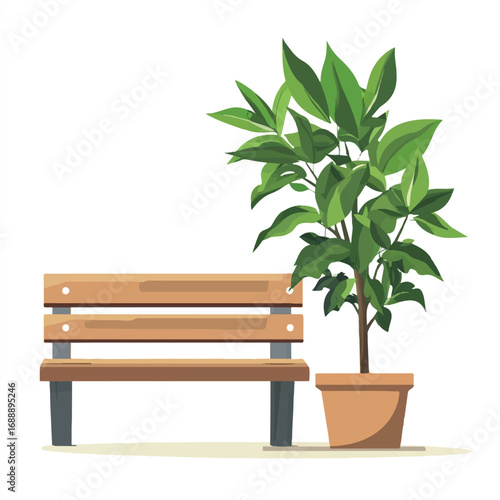 A wooden park bench sits next to a potted plant.