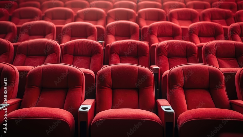 Fototapeta premium Rows of red theater or cinema seats with plush upholstery and armrests arranged in a pattern.