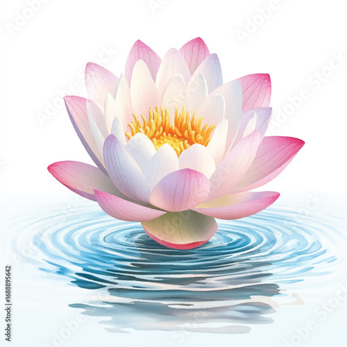 A beautiful pink and white water lily blooming on the water.