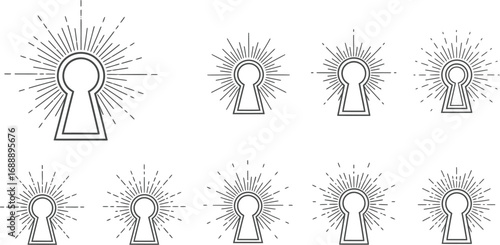 Collection of keyholes with light rays isolated on a white background: vector illustration of a vintage keyhole set