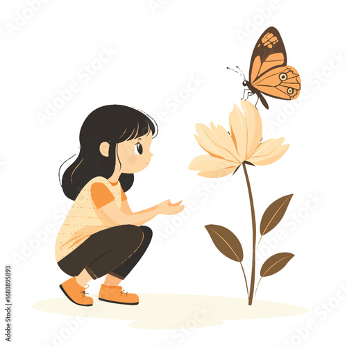 A curious young girl crouching to watch a butterfly on a flower.