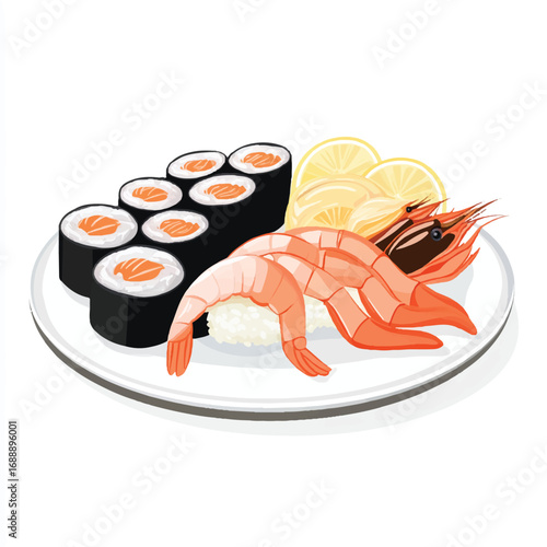A delicious plate of Japanese sushi rolls and shrimp nigiri.