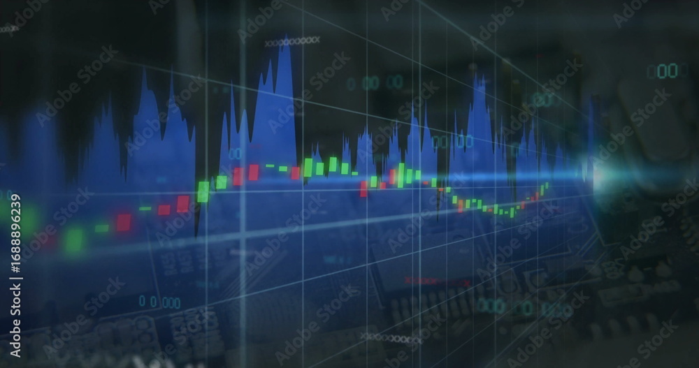 Obraz premium Displaying candlestick chart updating on screen, with candles, blue peaks, 3D grid and numeric data