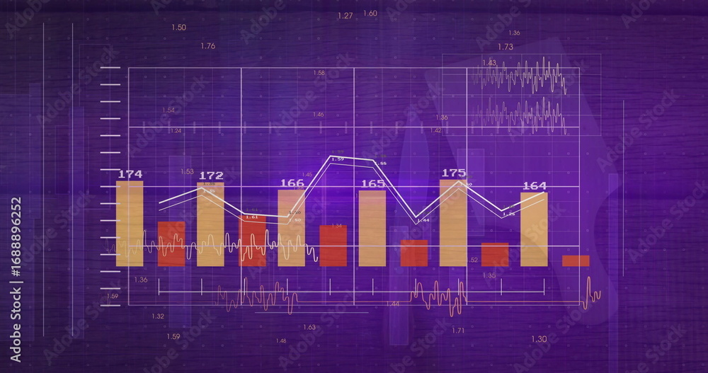 Naklejka premium Displaying bar line chart in purple gradient, with yellow red bars and labeled white line graph