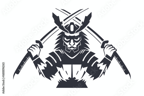 Menacing Samurai Warrior in Dark Silhouette With Crossed Swords on White