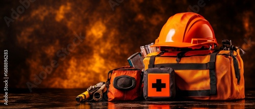 Orange safety gear with hard hat and first aid kit on dramatic background