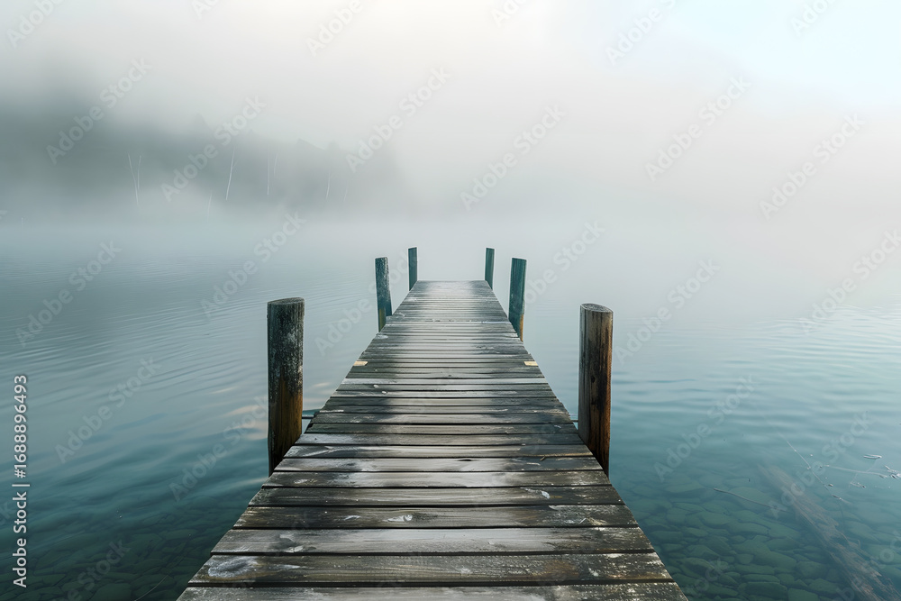 Fototapeta premium Serene Dock on Misty Lake with Tranquil Waters and Nature Reflections in Scenic Environment