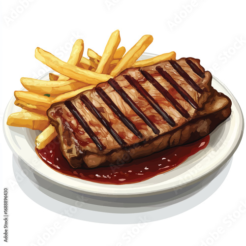 A perfectly grilled beef steak with golden french fries and sauce on a white plate.