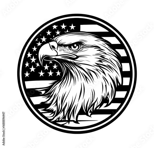 black and white vector logo of an american flag with the head of a bald eagle inside it, isolated on a transparent background.