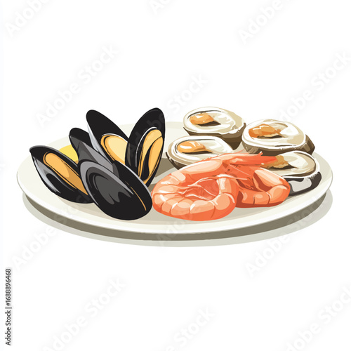 A plate of delicious seafood including mussels and shrimp.