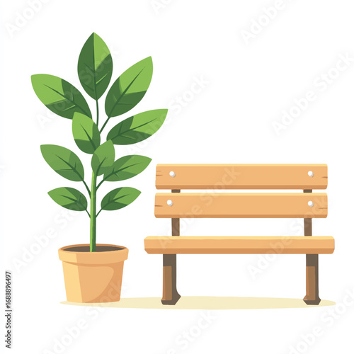 A potted plant and a wooden park bench illustration.