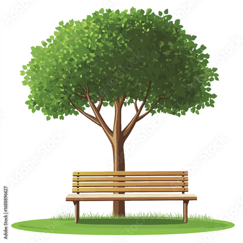 A serene park bench sits peacefully under the shade of a lush green tree.