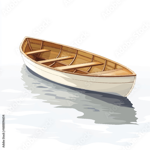 A simple wooden rowboat floats peacefully on calm water.