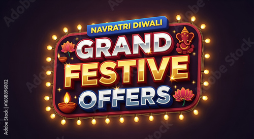 Navratri diwali festival sale shopping logo with Grand Festive offers 3d typography and retro lights decoration.
