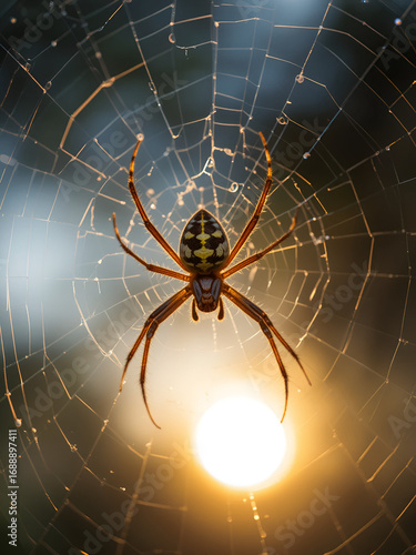 Spider in the middle of his web with sunbeams at sunrise.