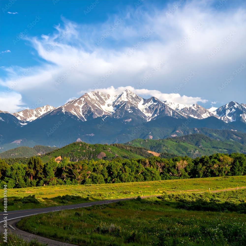 Obraz premium Mountain landscape with road and meadow