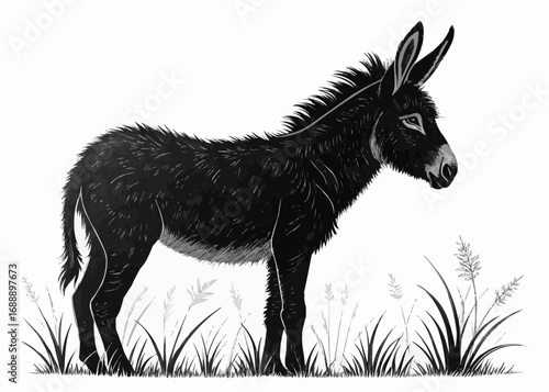 Illustration of a dark donkey standing in a field of tall grass with a white background design style