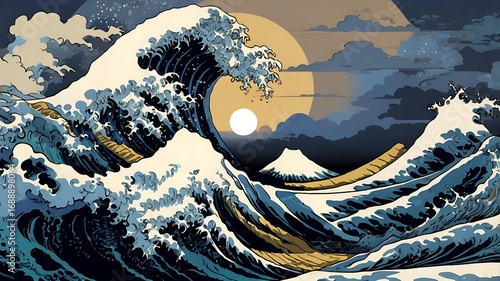 Hokusais great wave cresting in the Arabian Sea with traditional Japanese art style blue water foam and Mount Fuji backdrop