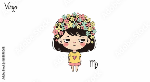Cute Virgo Zodiac Sign Cartoon Girl with Flower Crown Illustration